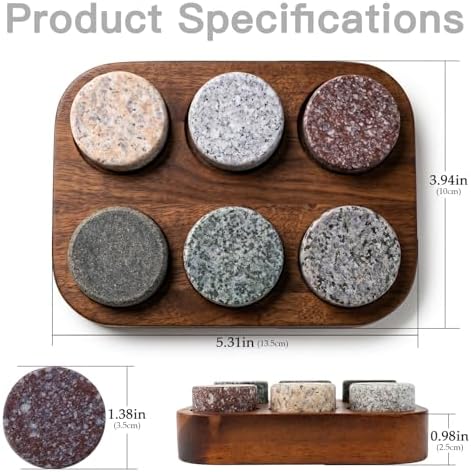 JOVGANK Granite Whiskey Stones Set of 6 with Wood Tray - Reusable Whisky Chilling Rocks for Scotch, Bourbon, Cocktails - Cool Drinks Without Dilution, Perfect Bar Accessories & Gift for Men
