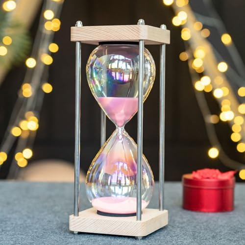 Large 60-Minute Hourglass Sand Timer,Pastel Macaron Glass & Natural Oak Wood Base, Modern Minimalist Office Home Desktop Decor (Macaron Pink)