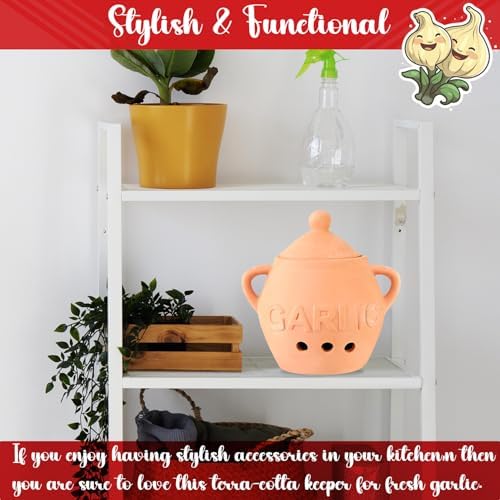 Home-X Unglazed Terracotta Garlic Keeper, Kitchen Counter Accessory, Farmhouse Storage Container with Lid, Small Storage Jar for Garlic Bulbs, 5 ¼” D x 4 ¼” H, Terra Cotta