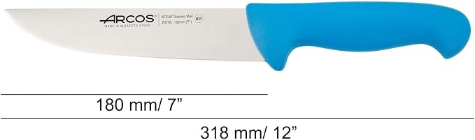 Arcos Range Butcher Knife 7 inch Nitrum Stainless Steel. Steak Knife. Polypropylene Blue Handle. Color Identification System for Prolonged and Heavy Use. Series 2900. Color Blue.