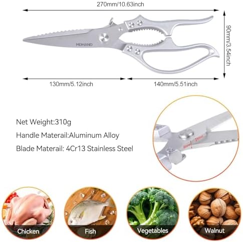 MDHAND Heavy Duty Poultry Shears, Kitchen Food Scissors All Purpose for Meat Cutting, Chicken Fish Fruit Vegetables, Dishwasher Safe Kitchen Shears with Anti-Slip Handle & Safety Lock, Spring Loaded