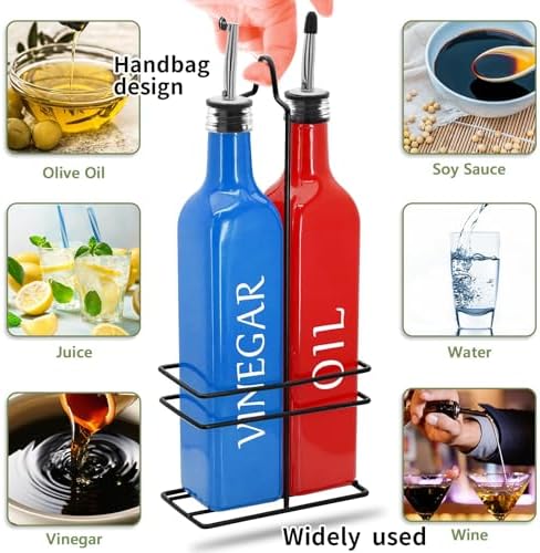 Farmhouse Oil and Vinegar Dispenser Set, 17 oz, beautiful olive oil dispenser, includes a black steel rack and a funnel, vintage cruets for vinegar and oil (Red Oil & Blue Vinegar)