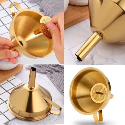 DOCBLACK Stainless Steel Funnel Set of 2, Stainless Steel Funnel with Removable Strainer and Handle, Food Grade Metal Kitchen Funnel for Fluid, Liquid, Oil, Powder Filling Bottles (Gold & Rainbow)