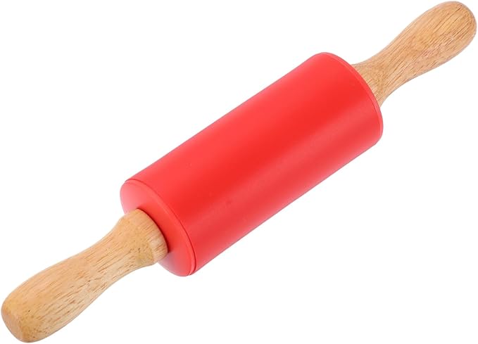 uxcell Rolling Pins for Baking, 9 Inch Silicone Non-Stick Rolling Pin Baking Roller Wooden Handle for Home Kitchen Dough Cookies Pastry, Red
