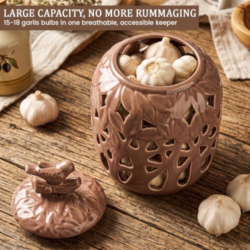 9.8" x 5.9" Large Ceramic Garlic Keeper for Counter, Ceramic Garlic Keeper with Lid Holder Storage Container to Keep Your Cloves Fresh Longer Garlics Saver for Kitchen