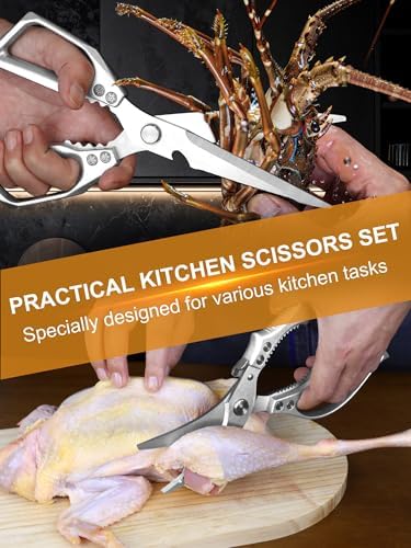 2 Pack Kitchen Shears, Heavy Duty Poultry Shears with Non-Slip Handle & Safety Lock, Spring Loaded, All Purpose Kitchen Scissors for Food, Meat Cutting, Chicken, Fish, Vegetables