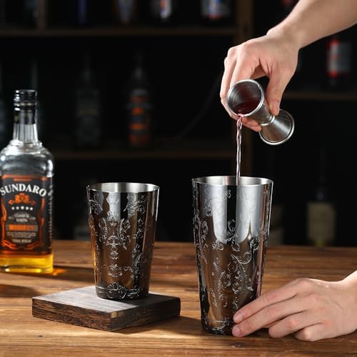 Stainless Steel Boston Shaker with Etched Pattern Weighted Shaking Tin Set (Leaf Black)