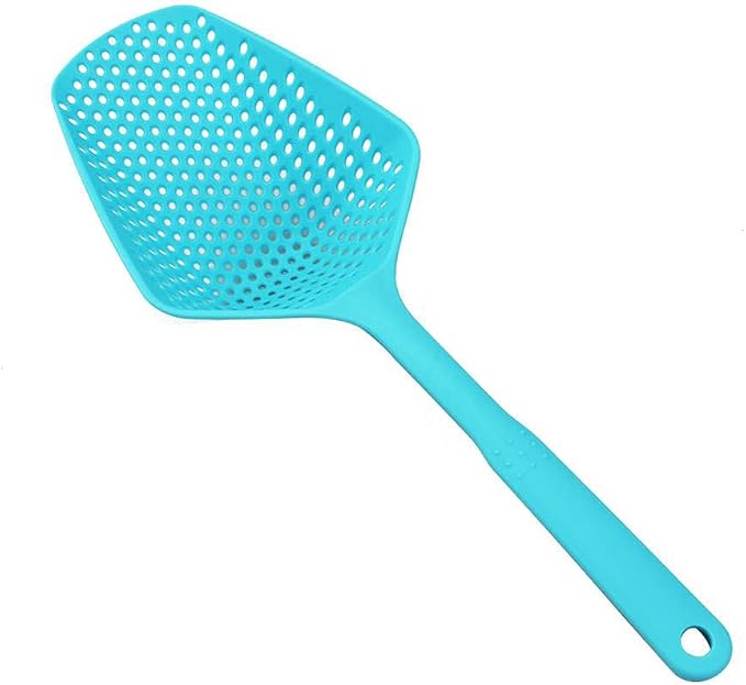 SEIWEI Large Strainer Spoon, Long Handle Tool Colander Draining Scoop, Heat-Resistant Pasta Strainer Cooking Kitchen for Spaghetti, Noodles, Veggies, Non-Slip Grip & Hanging Loop, 13.5'', Blue