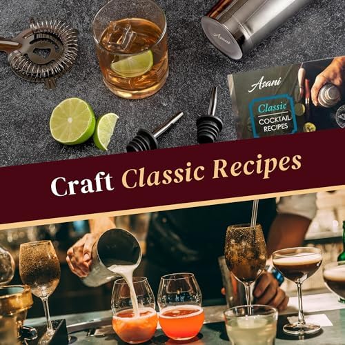 Asani Cocktail Shaker Set Bartender Kit - 24-Piece Home Bartending Kit with Stand and Recipe Booklet - Includes Cocktail Mixer, Corkscrew, Hawthorne Strainer, Double Jigger and More Bartender Tools