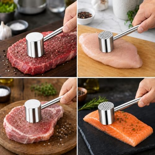 Meat Tenderizer Mallet, Heavy Duty Meat Hammer Dishwasher Safe, Kitchen Essentials 304 Stainless Steel Dual-side Mallet for Steak, Beef, Poultry and Fish