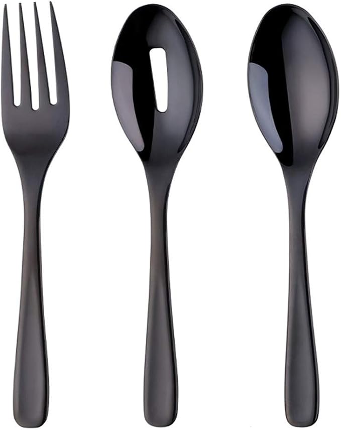 Long Handle Serving Set, 10 inch Stainless Steel Polished Serving Spoon, Fork, Slotted Spoons, Set of 3 (Black)