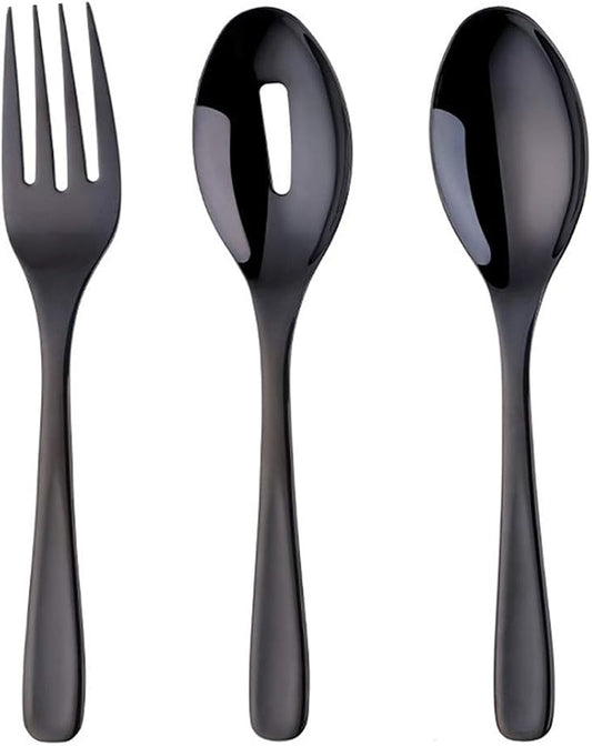 Long Handle Serving Set, 10 inch Stainless Steel Polished Serving Spoon, Fork, Slotted Spoons, Set of 3 (Black)