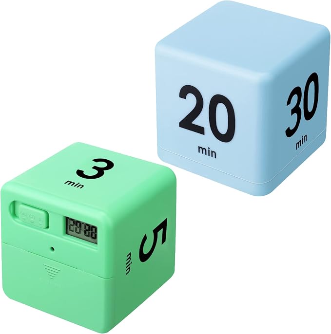 Weewooday 2 Pieces Cube Productivity Timer Flip Gravity Sensor Flip Countdown Countup Workout Timer Management 1 3 5 10 Minutes and 15 20 30 60 Minutes for Back to School Work Kitchen(Green, Blue)