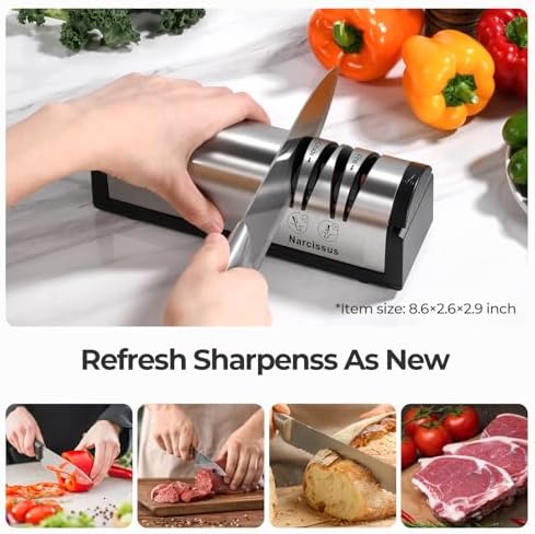 Narcissus Knife Sharpener, Professional 2 Stage Electric Knife Sharpener for Quick Sharpening & Polishing, with Scissors Sharpener and Metal Dust Collection Box, Stainless Steel, Silver