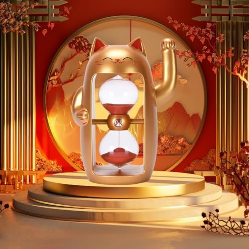 Lucky Cat Sand Timer Cute Hourglass Maneki-Neko Sandglass Timer reloj de Arena 30Min Sand Clock for Toothbrush Games Classroom Home Office Cooking Front Desk（Gold+30Min）