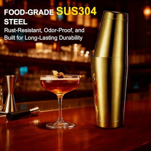 Boston Shaker Set, 18oz & 28oz 2-Piece Tins, Professional 304 Stainless Steel Cocktail Shaker with Leak-Proof Weighted Base for Bartending, Home & Bar Use (Gold)