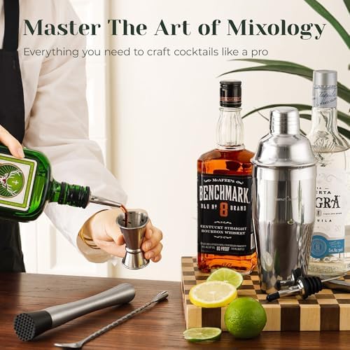 Cocktail Shaker Set,24-Piece Bartender Kit – Complete Bartending Kit Bar Set with Stand,Drink Shaker & Mixer – Perfect Bar Accessories for Home Bar Set,Housewarming Gifts for Men & Women,Silver