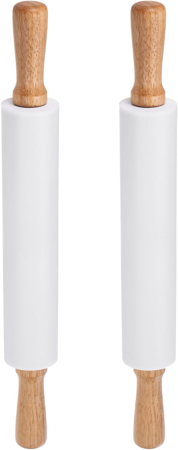 HARFINGTON 2pcs Silicone Rolling Pins for Baking 16.93 Inch Non-Stick Silicone Surface Wooden Handle Rolling Pin Small Roller Playdough Rolling Pins for Fondant Kitchen Dough Pizza, White