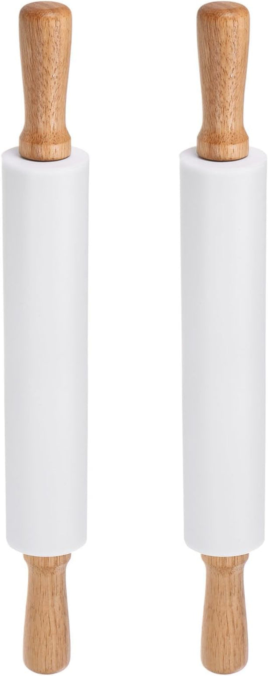 HARFINGTON 2pcs Silicone Rolling Pins for Baking 16.93 Inch Non-Stick Silicone Surface Wooden Handle Rolling Pin Small Roller Playdough Rolling Pins for Fondant Kitchen Dough Pizza, White