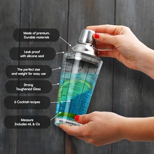 EVERYDAY COCKTAIL - Professional Glass Cocktail Shaker 14 oz, Martini Shaker with Recipes and Measurements, Built-in Strainer and Leakproof Seal, Clear Bar Tool for Margaritas, Martinis