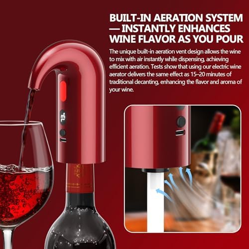 Fathers Day Gift Electric Wine Aerator & Dispenser – 1-Touch Instant Aeration, Precision Pouring & Temp Display – USB Rechargeable Gift Edition for Parties, Holidays & Wine Lovers (Red)