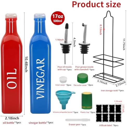 Farmhouse Oil and Vinegar Dispenser Set, 17 oz, beautiful olive oil dispenser, includes a black steel rack and a funnel, vintage cruets for vinegar and oil (Red Oil & Blue Vinegar)