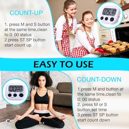Leumoi 24 Pack Multi-Function Digital Timers with Magnetic Back, Large LCD Display, Loud Alarm, Count up & Countdown, Memory Function for Cooking, Classroom, Study, Exercise & Work(White and Black)