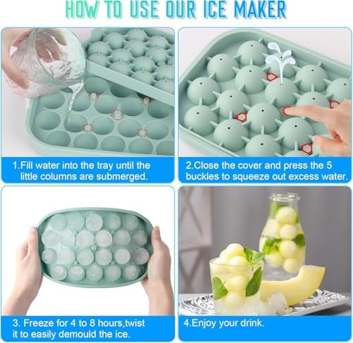 Ice Cube Tray, 2 Pack Silicone Ice Balls Maker with Lid BPA Free Easy-Release Ice Cube Trays for Freezer, DIY Homemade Round Ice Cubes for Whiskey, Cocktails, Coffee (Green)