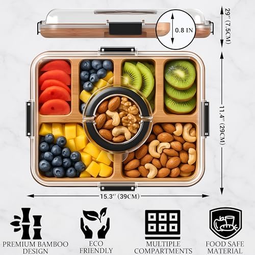 Charcuterie Board with Clear Lid and Handle, 6-Compartment Portable Serving Tray, 11 x 14 Inches, Plastic and Bamboo, Housewarming Gift, Cutting Board, Cheese Board for Serving and Outdoor Dining