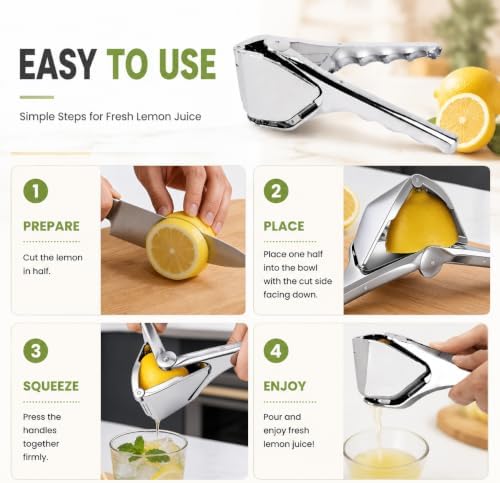 Stainless Steel Lemon Squeezer, Manual Citrus Juicer for Lemon, Lime, Orange and More Fruits, Handheld Fruit Juice Press with Filter, Foldable Kitchen Squeezer for Cooking, Drinks and Cocktails