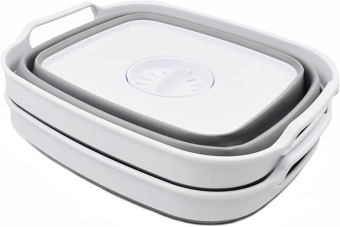SAMMART 7.5L (2 Gallons) Collapsible Dishpan with Draining Plug - Foldable Washing Basin - Portable Dish Washing Tub - Space Saving y (White/Grey (Set of 2), 2)