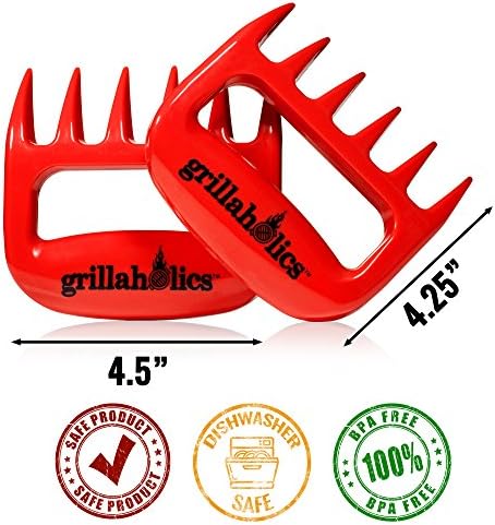 Grillaholics BBQ Meat Shredder Claws - Wolverine Style Ultra-Sharp Blades Quickly Lift Handle & Shred Meats - Best Dishwasher Safe Bear Claw Pulled Pork Meat Shredders in BBQ Grill Accessories (Red)