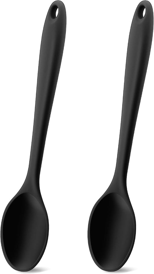 Silicone Spoons for Cooking, 2 Pcs Black Large Serving Spoon Heat Resistant Cooking Spoon Utensils Nonstick Mixing Kitchen Spoons for Cooking, Baking, Serving, Mixing and Stirring, Dishwasher Safe