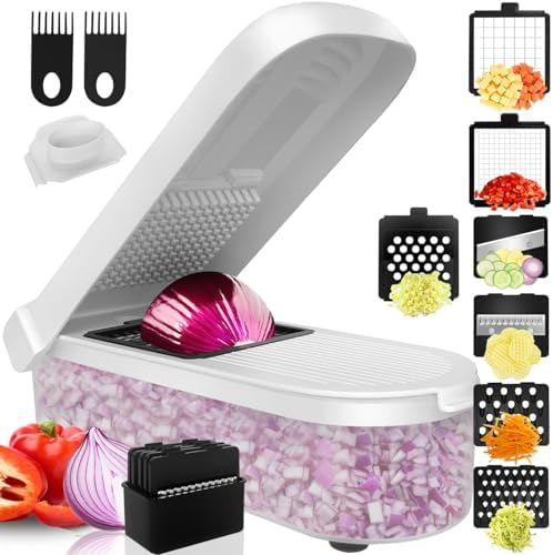 Vegetable Chopper with Container, 10 in 1 Manual Food Chopper Cutter, White