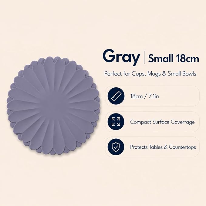 Heat-Resistant Silicone Trivet Mats, Non-Slip Hot Plate Holder for Kitchen Countertops & Dining Table, Reusable Pot Holder Pad with Secure Grip, Dishwasher Safe (Grey, Diameter: 18cm/7.09")
