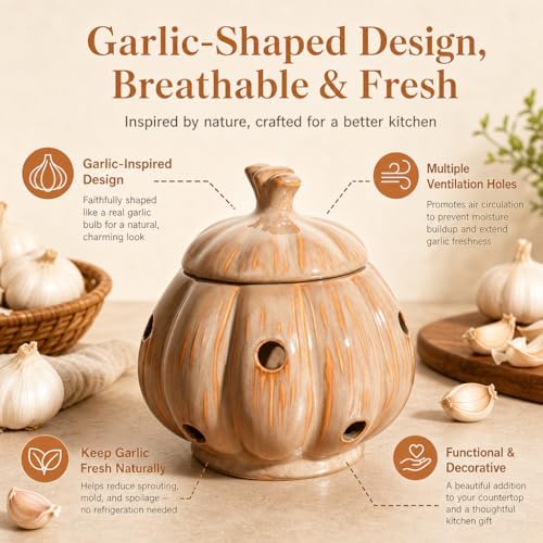 Ceramic Garlic Keeper Storage Holder Jar with Lid, Kitchen Countertop Large Garlic Canister Cellar Saver Holder Crock Container. (Beige)