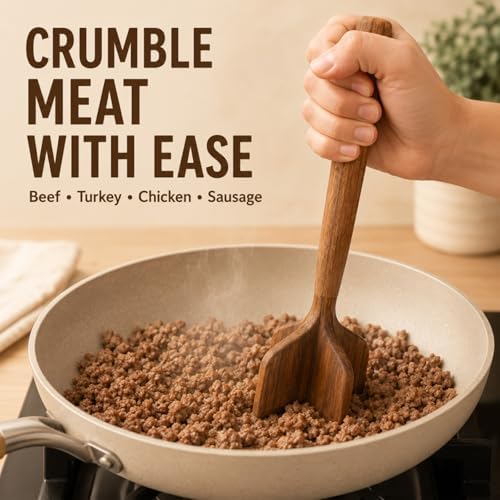 Teak Wooden Meat Chopper 3-Piece Set, Ground Beef Masher,Burger Crusher, Natural Non-Stick Durable Meat Hammer, Includes Wooden Scraper and Cleaning Brush