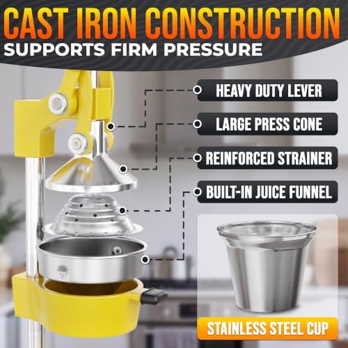 Cast Iron Juicer Hand Press, Heavy-Duty Squeezer (Yellow)