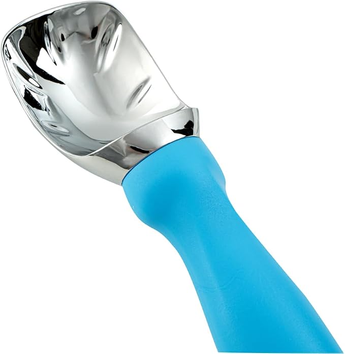 Restaurantware Comfy Grip 7.9 x 2 Inch Kitchen Ice Cream Scoop 1 Heavy-Duty Ice Cream Disher - Ergonomic PP Handle Dishwashable Blue Metal Ice Cream Spade With Lid Opener Notch Multi-Use