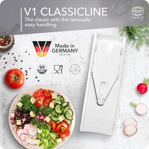 Mandoline Food Slicer Börner V1 (Profi Set) by Reston Lloyd • V-Slicer with 4 Inserts, Docking Station & Food Holder • Made in Germany • Fruit & Vegetable Chopper • Multiple Settings • Color: White