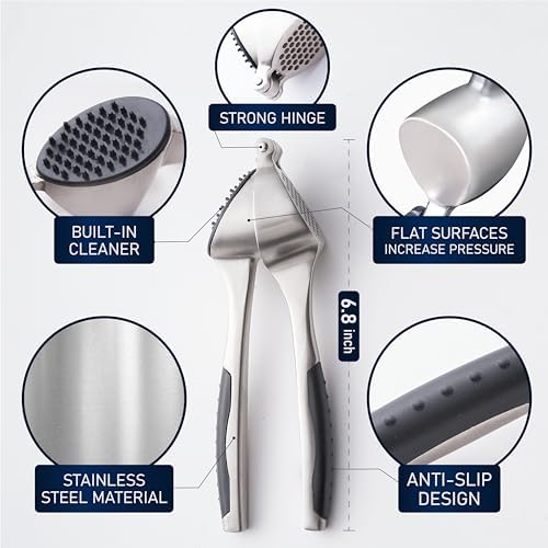 Garlic Press Set - Premium Professional Garlic Mincer Tool - Garlic Crusher. Easy-Squeeze, Easy-Clean, Ergonomic anti-slip handle - Silicone Garlic Peeler & Brush, 6.8in x 1.8in, ETZX1