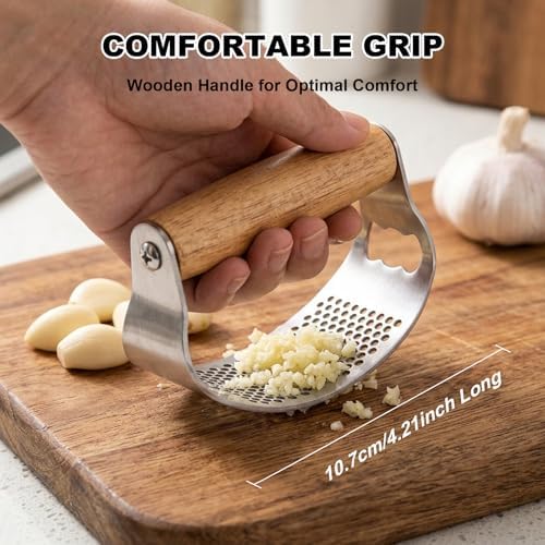Garlic Press Stainless Steel, 2-in-1 Garlic Press & Bottle Opener with Ergonomic Wooden Handle, Includes Silicone Peeler, Cleaning Brush for Effortless Chopping of Garlic and Ginger