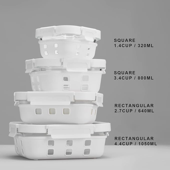 Glass Food Storage Meal Prep Containers - Food Grade Silicone Wrap & Air Release Vent, Rectangular shape - 8 Pc Set (4 Containers - 4 Matching Lids)