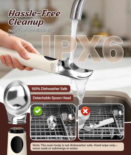 Heated Ice Cream Scoop with Removable Head, 2500mAh Electric Ice Cream Scooper with 4-Temp Settings, LED Display & IPX6 Waterproof, Perfect for Hard Ice Cream and Frozen Yogurt