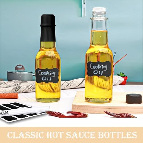 Clear Glass Hot Sauce Bottle (woozy) with Black Cap and Orifice Reducer 8.5 oz - (6 Pack) - Empty Wine Bottles with Shrink Capsules Bands, Labels, Silicone Collapsible Funnel and Chalk Marker Included