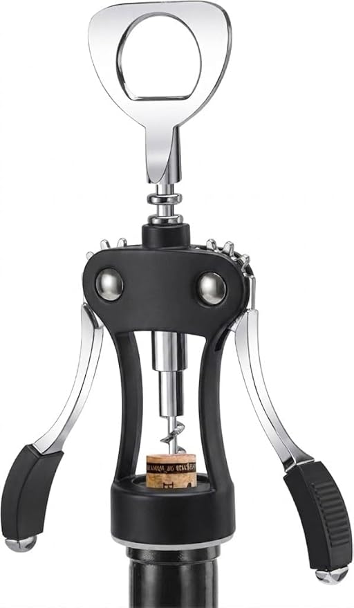 KORCCI Wine Opener, Heavy-Duty Zinc Alloy Wing Corkscrew, Premium Beer Bottle Opener, Multifunctional Wine Accessories with Ergonomic Handle and Sharp Screw, for Kitchen, Bar, Restaurant (BLACK)