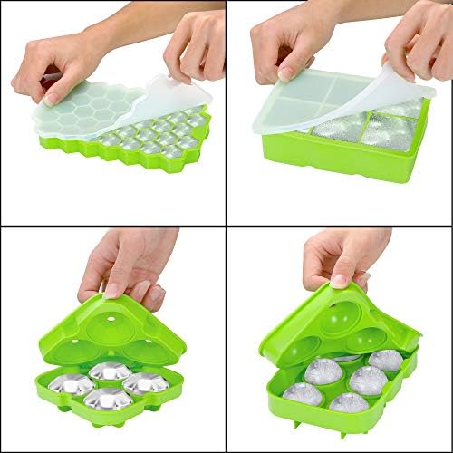 Ice Cube Tray,Silicone Ice Cube Molds for Freezer with Lid (Set of 4) - Sphere Ice Ball, Large Square, Diamond Cut & Hexagonal Shapes Ice Maker for Whiskey,Reusable and BPA Free