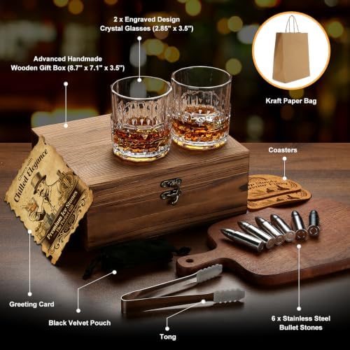Whiskey Glasses Set with Stainless Steel Cooling Stones, for Men