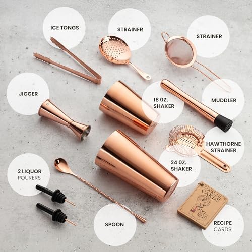 Mixology & Craft Deluxe Copper Cocktail Shaker Set – Weighted Boston Shaker Kit for Bartenders – Includes Japanese Jigger, Muddler, Pourers, Strainers – Perfect for Home Bars and Gifts