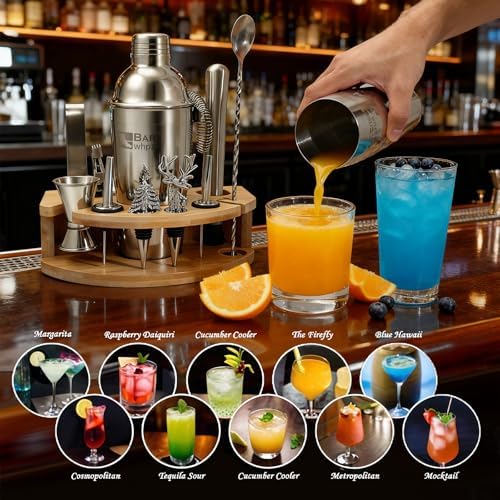 Silicone Pad Included Cocktail Shaker Set Bartender Kit,Mixology Bartender Kit 13-Piece with Bamboo Stand,Martini Shaker Kit with All Essential Accessory Tools for Drink Mixing Gift for him or her